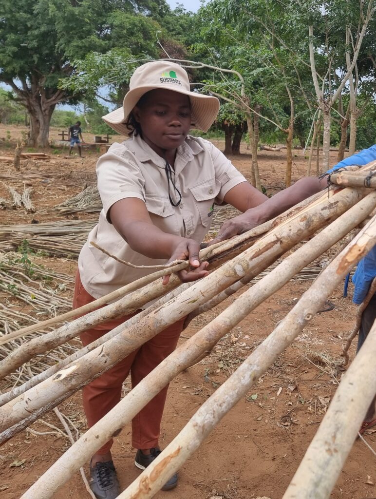 A women with with a hat to protect against the sun is working on the construction of a wooden roof in rural Mozambican countryside.